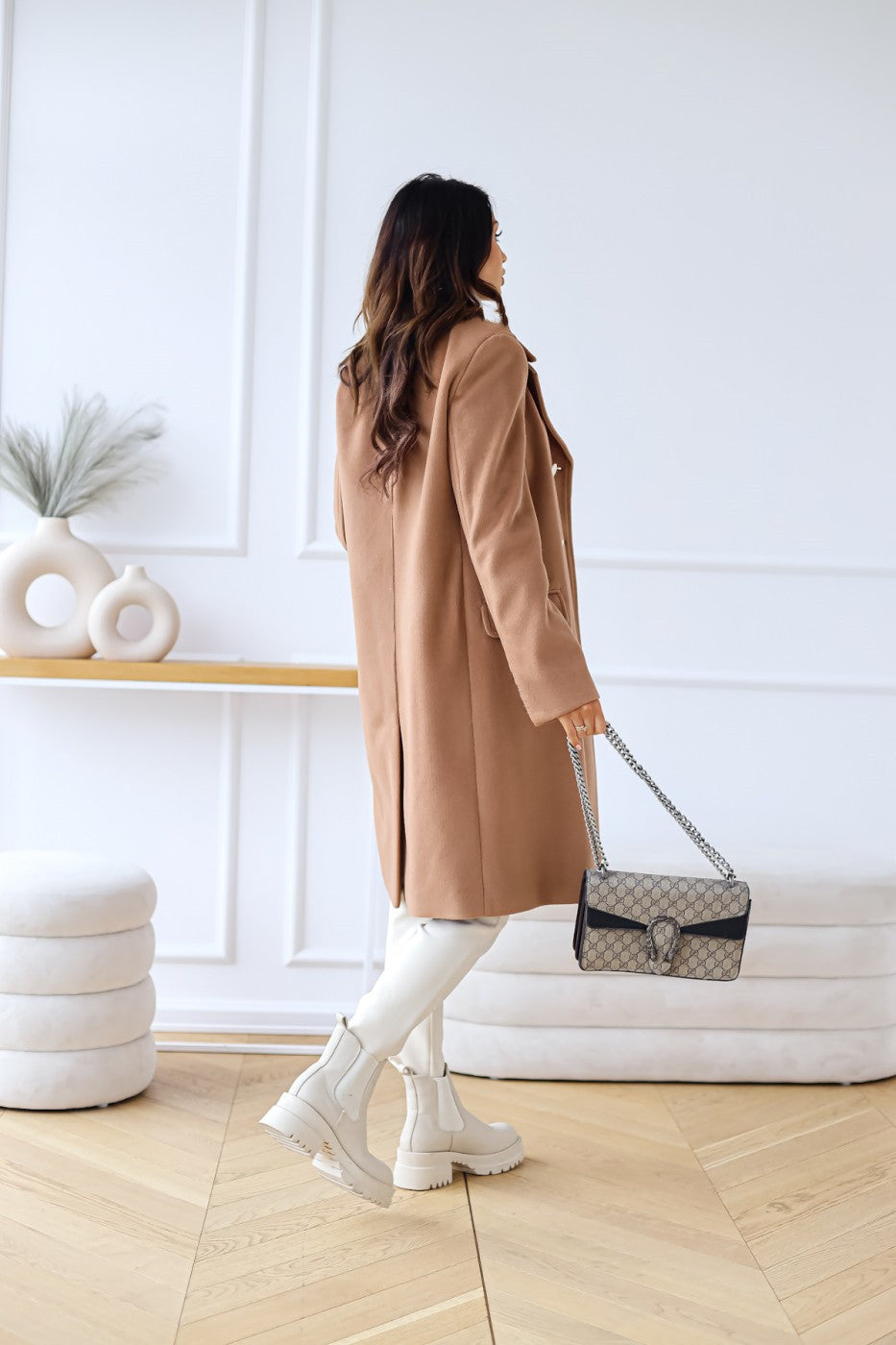 Women's Double-Breasted Long Coat Gold Button Accents