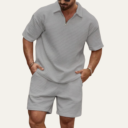 Men's Waffle Knit Polo Shirt And Shorts Set