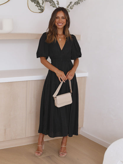 Women's V-Neck Midi Dress Puff Sleeve Smocked Waist