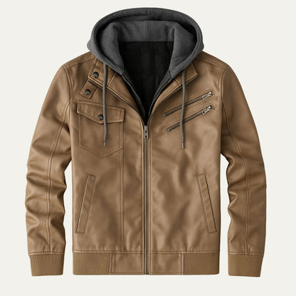 Men's Leather Bomber Jacket Hooded Classic Style