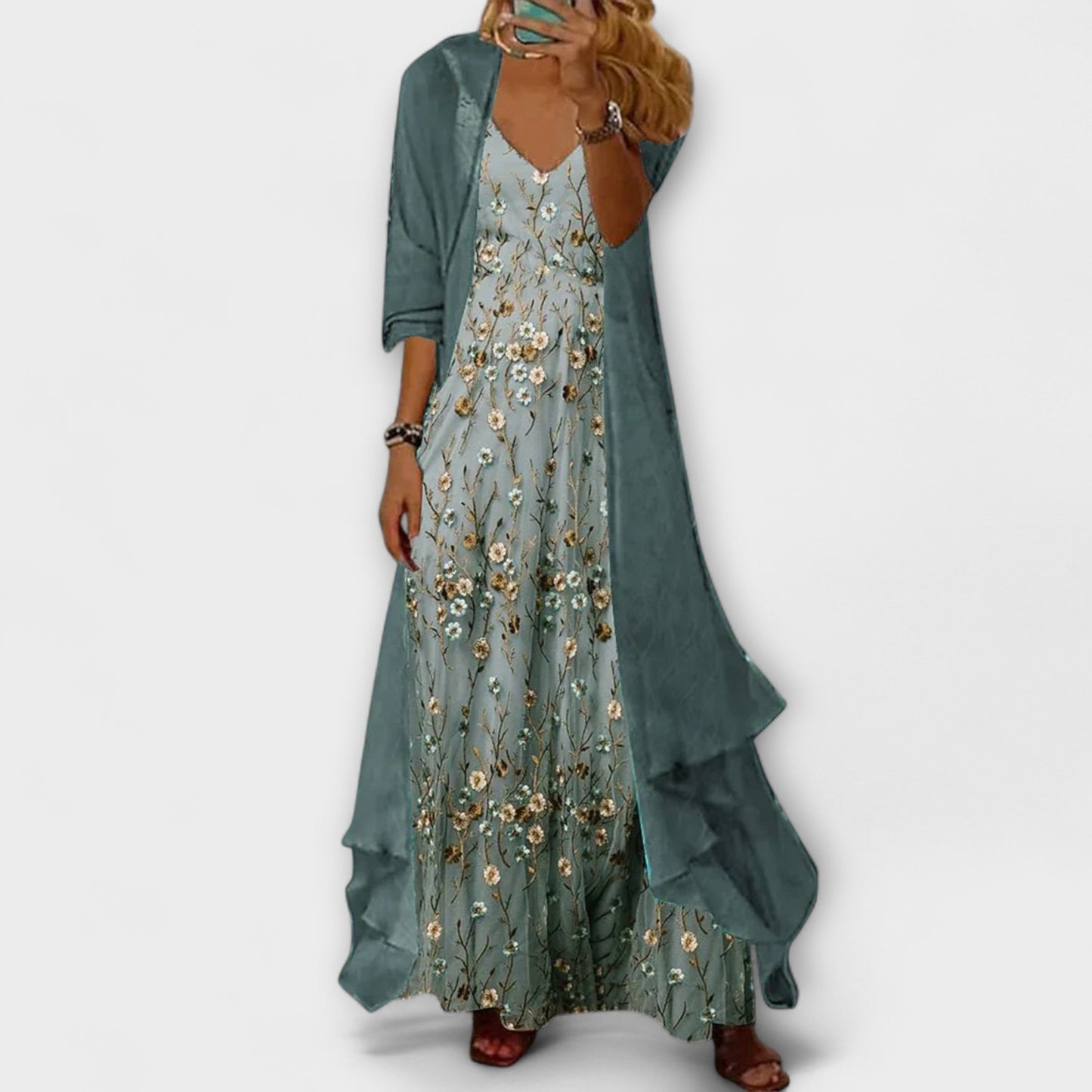 Beautiful Floral Maxi Dress with Cardigan Set