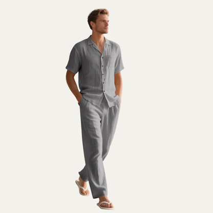 Men's Linen Casual Pants Shirt Set Beige