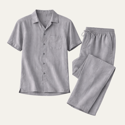 Men's Linen Casual Pants Shirt Set Beige - VibreMode