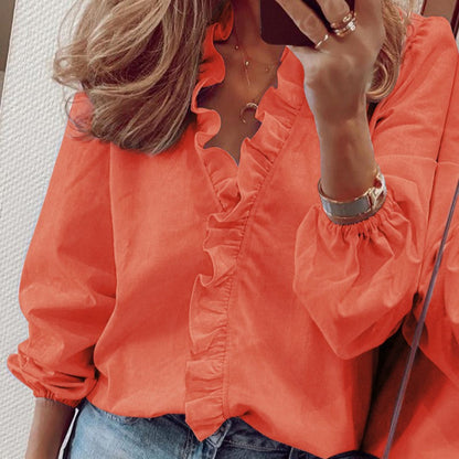 Women's Puff Sleeve Blouse Teal Ruffle Trim