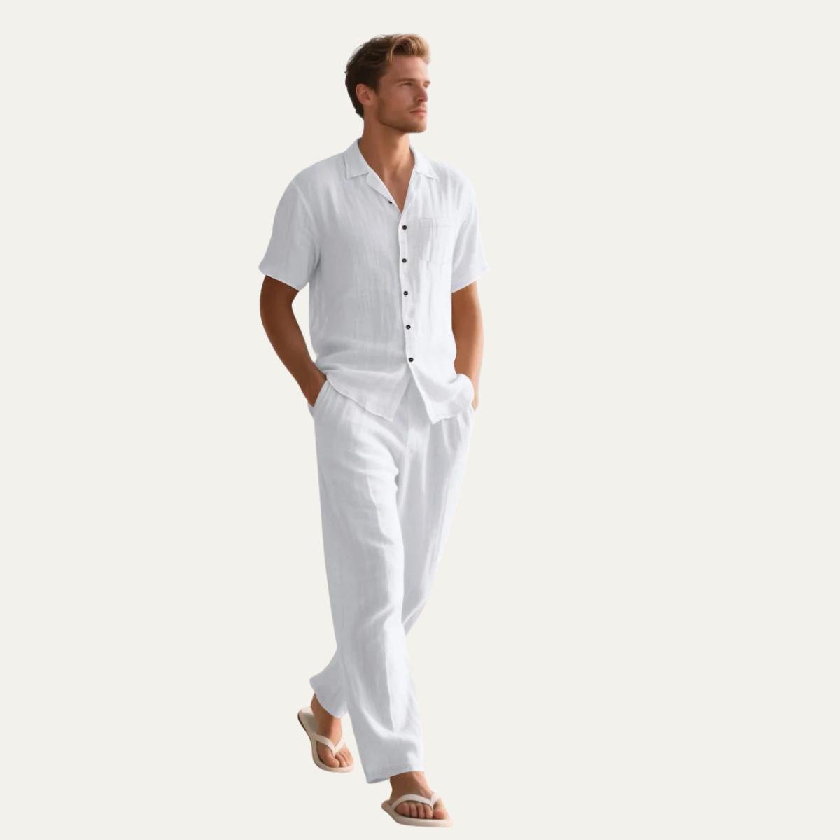 Men's Linen Casual Pants Shirt Set Beige