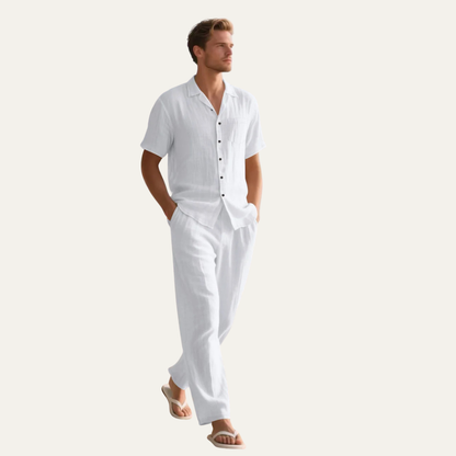 Men's Linen Casual Pants Shirt Set Beige