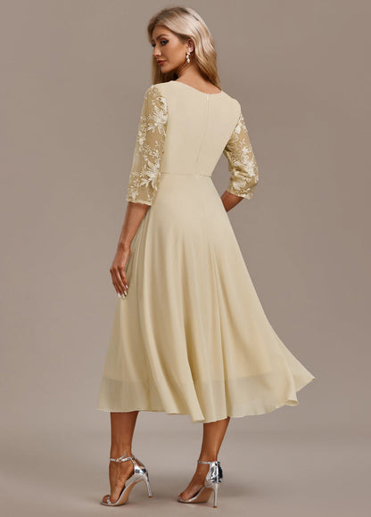 Women's Floral Round Neck Dress Champagne 3/4 Sleeve