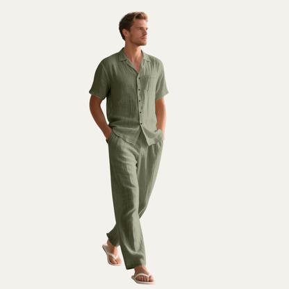 Men's Linen Casual Pants Shirt Set Beige