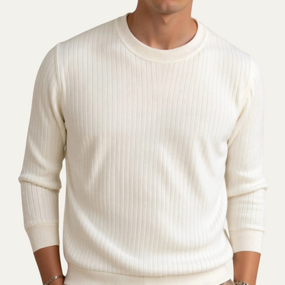 Men's White Ribbed Crew Neck Sweater