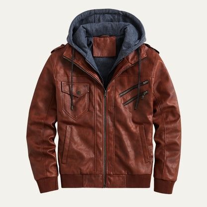 Men's Leather Bomber Jacket Hooded Classic Style