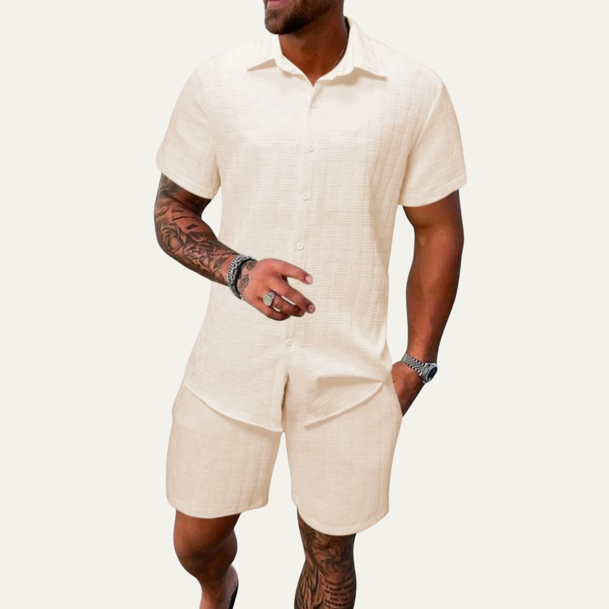 Men's Summer Button Up Shirt And Shorts Set