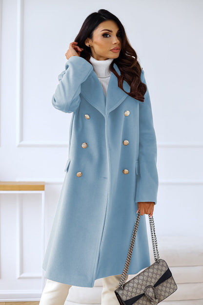 Women's Double-Breasted Long Coat Gold Button Accents