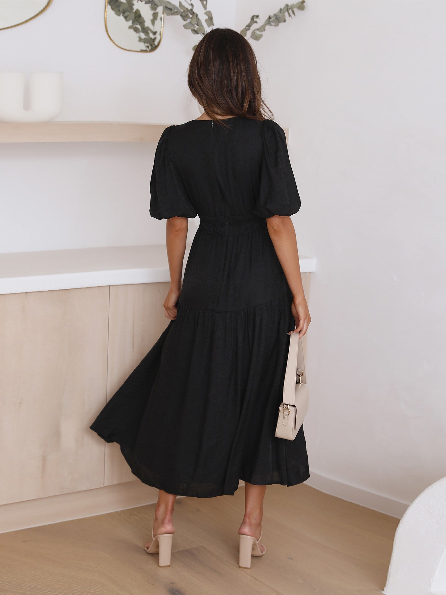 Women's V-Neck Midi Dress Puff Sleeve Smocked Waist