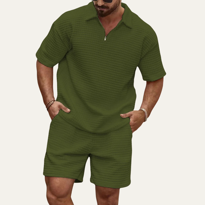 Men's Waffle Knit Polo Shirt And Shorts Set