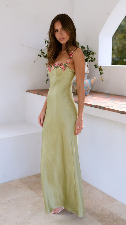 Women's Floral Maxi Dress Embroidered Strap Sweetheart Neckline