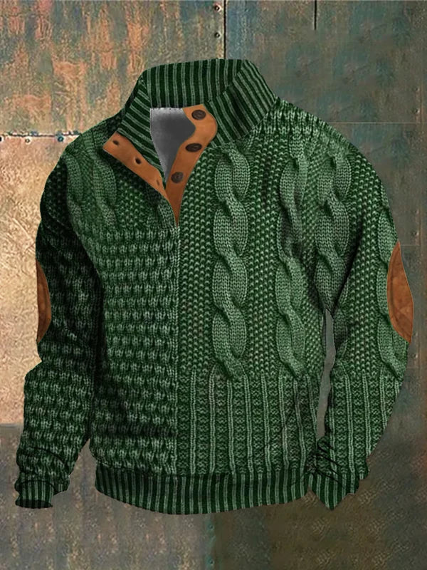 Men's Cable Knit Sweater Button Neck