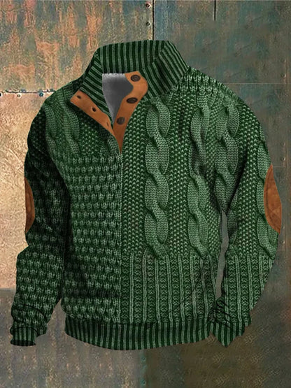 Men's Cable Knit Sweater Button Neck