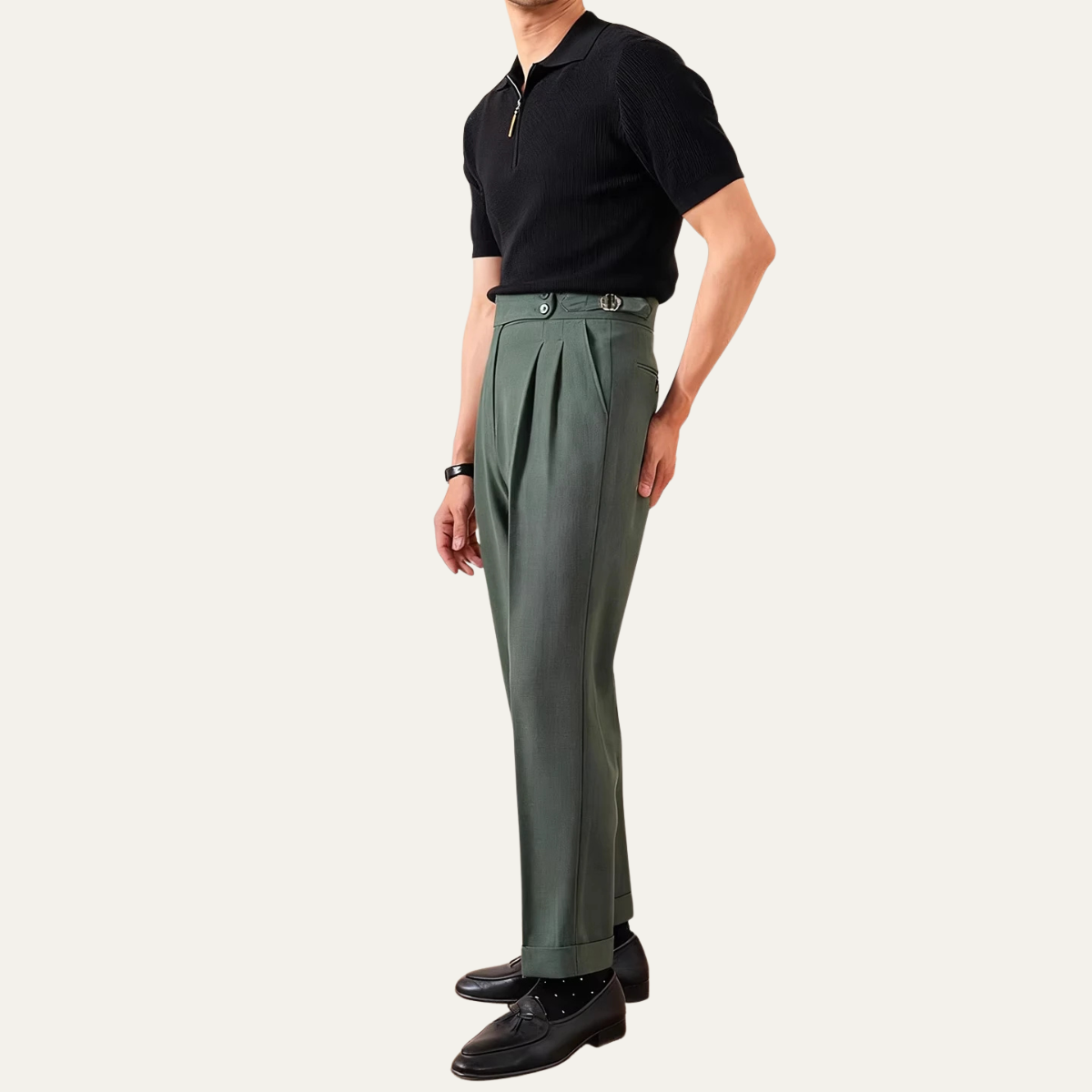Men's High Waist Double Pleated Wool Trousers