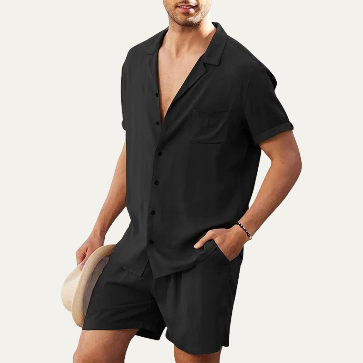 Men's Cotton Linen Shirt Shorts Set