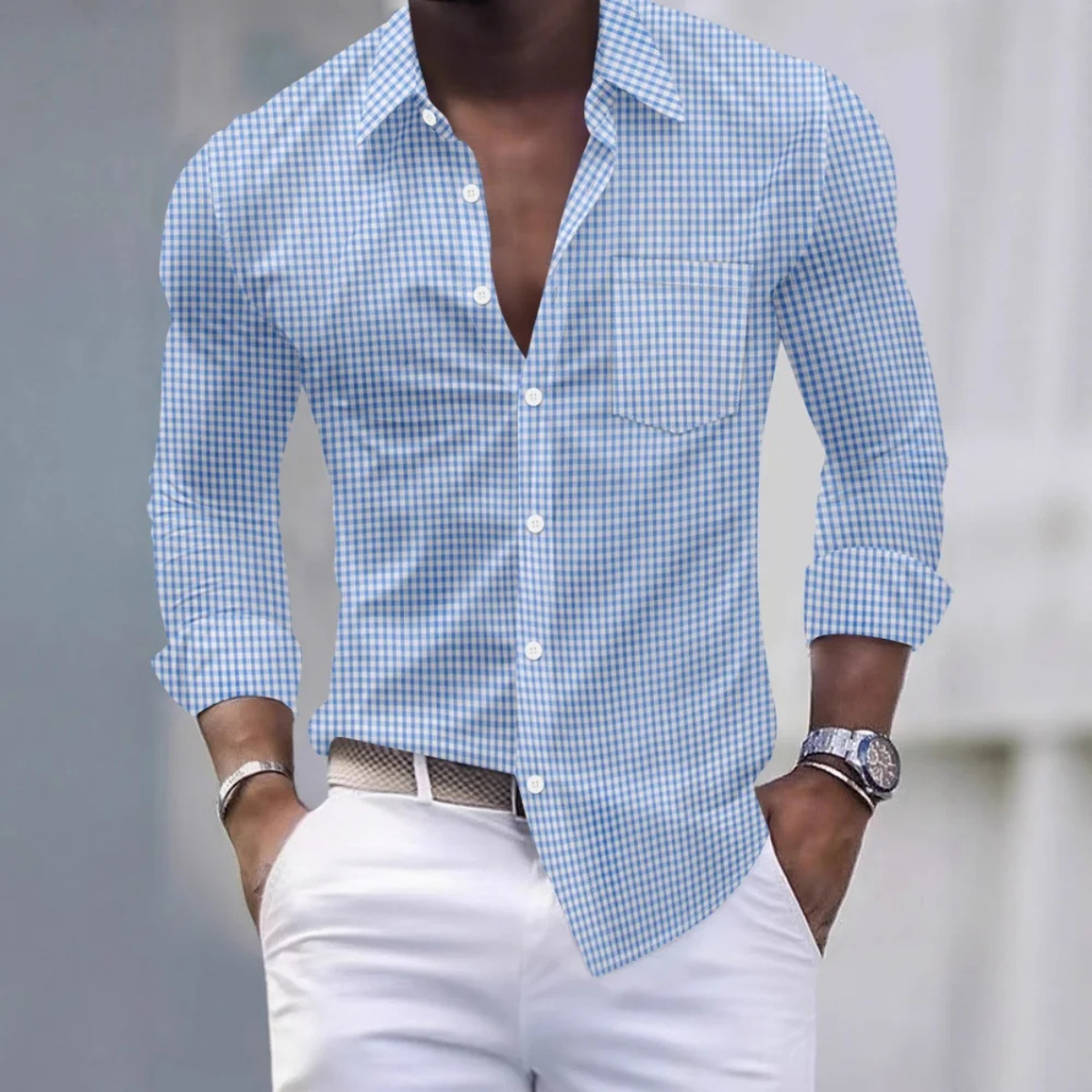 Men's Slim Fit Gingham Shirt Long Sleeve Button Down