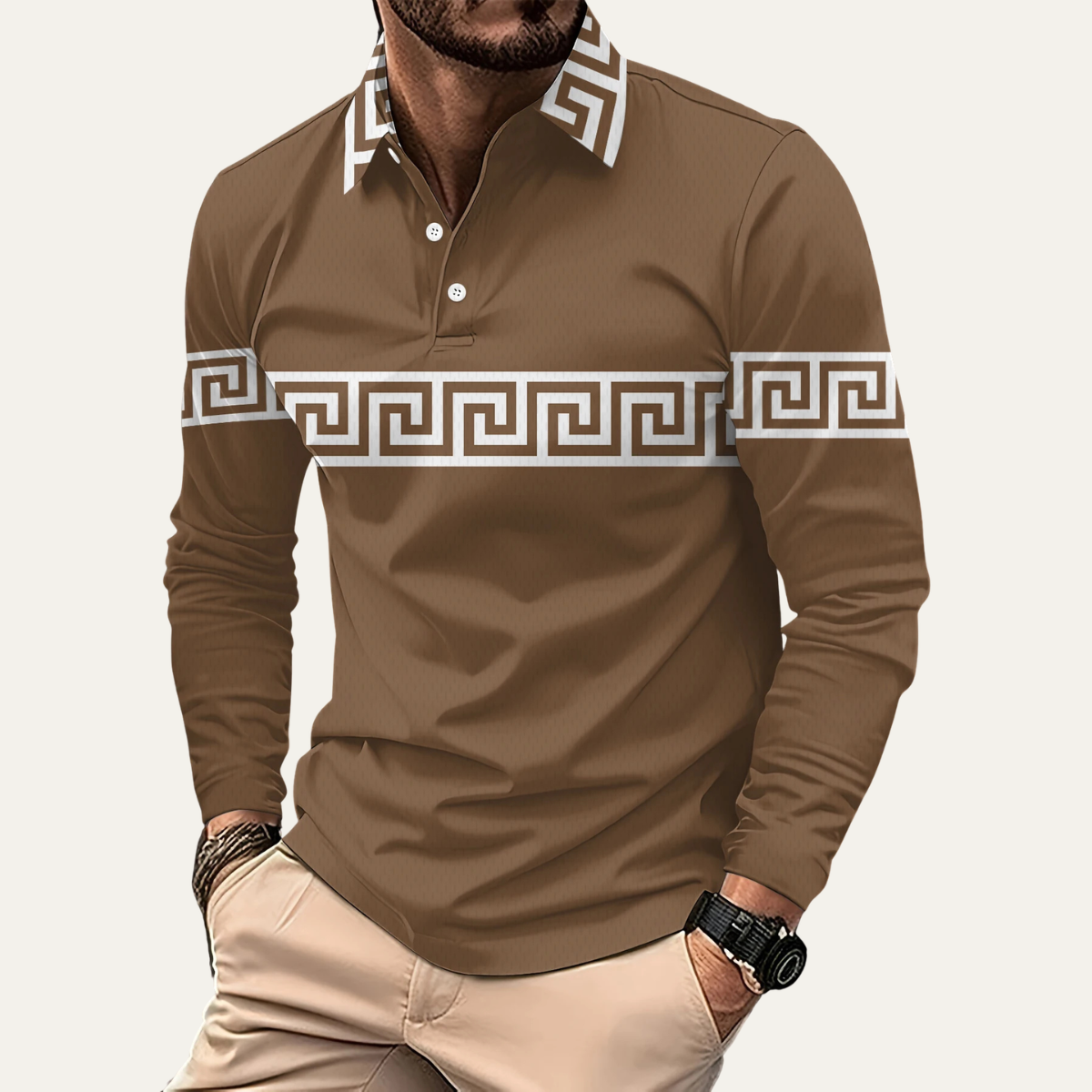 Men's Polo Shirt Greek Key Print Lightweight