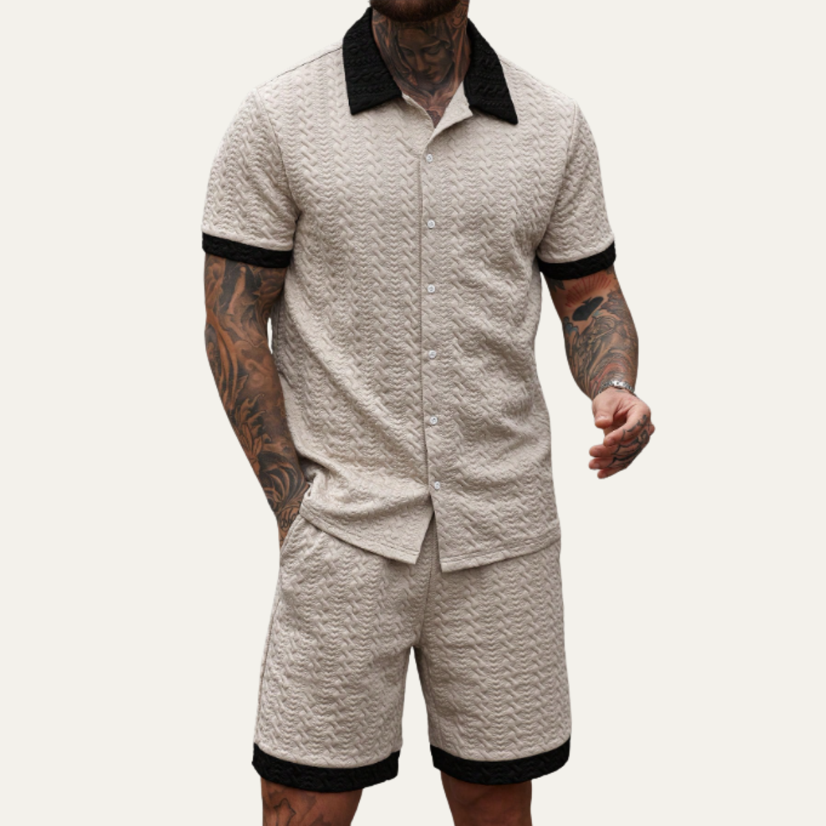 Men's Knitted Summer Shorts Set Cotton Shirt
