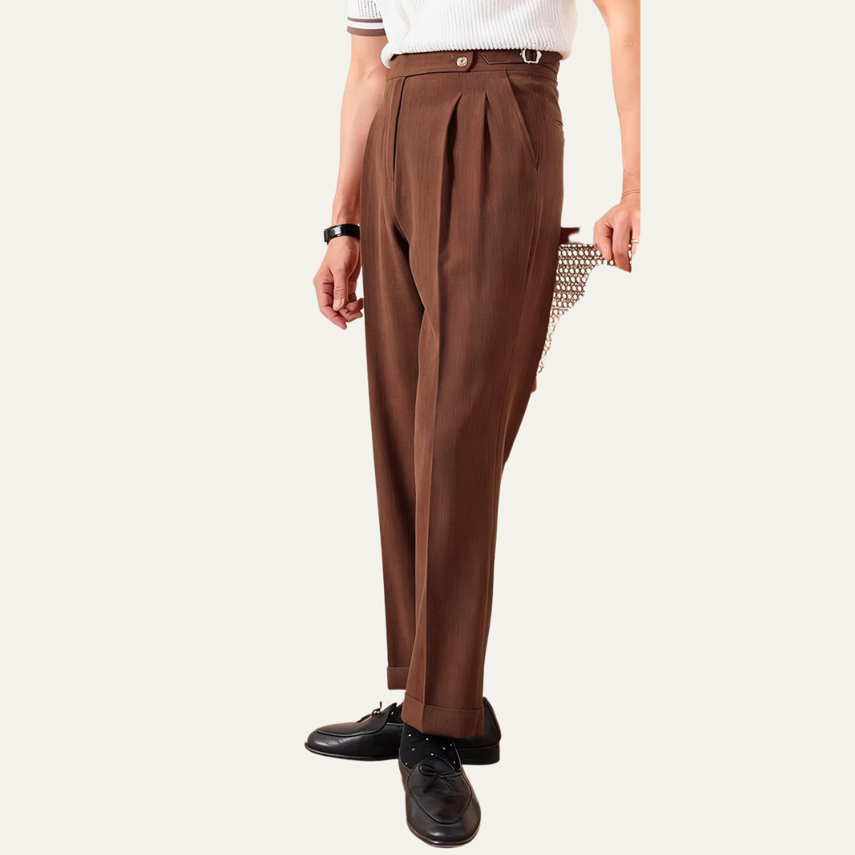 Men's High Waist Double Pleated Wool Trousers