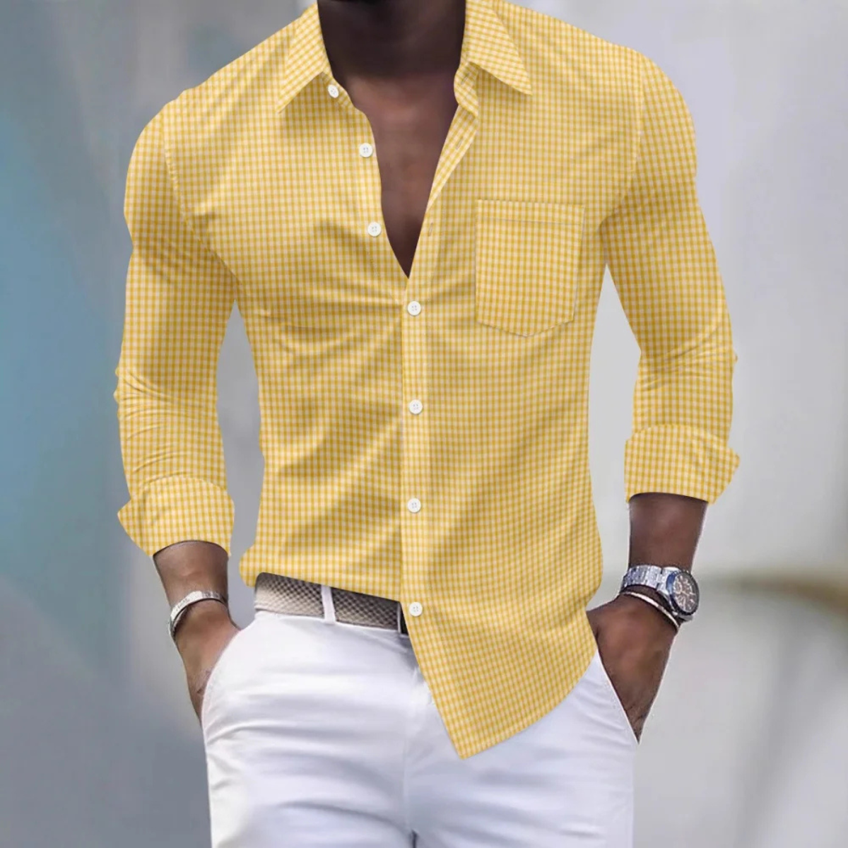 Men's Slim Fit Gingham Shirt Long Sleeve Button Down