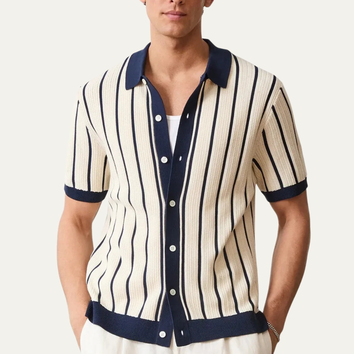 Sassicaia Men's Striped Polo Shirt Knit Button-Up Cardigan