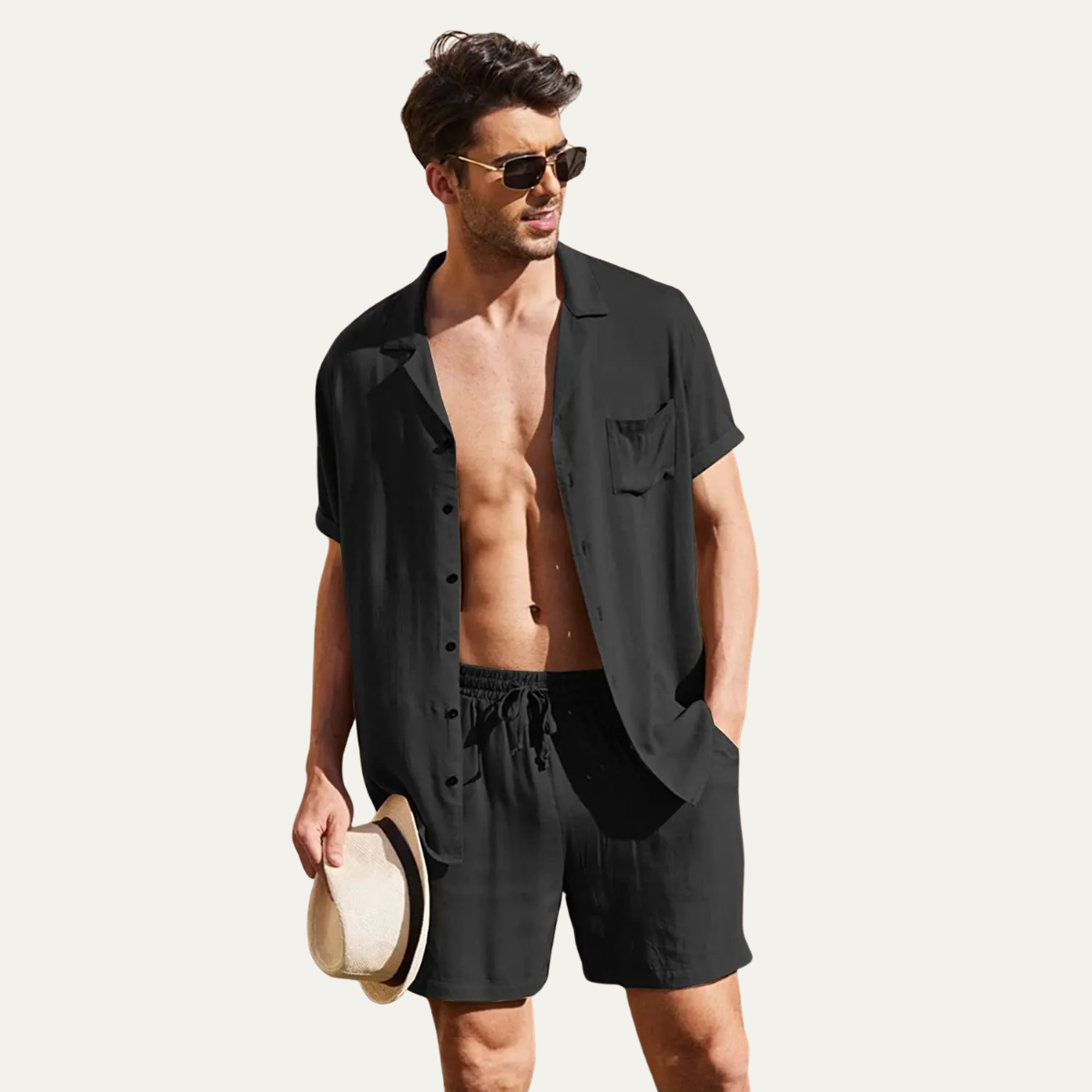Men's Cotton Linen Shirt Shorts Set
