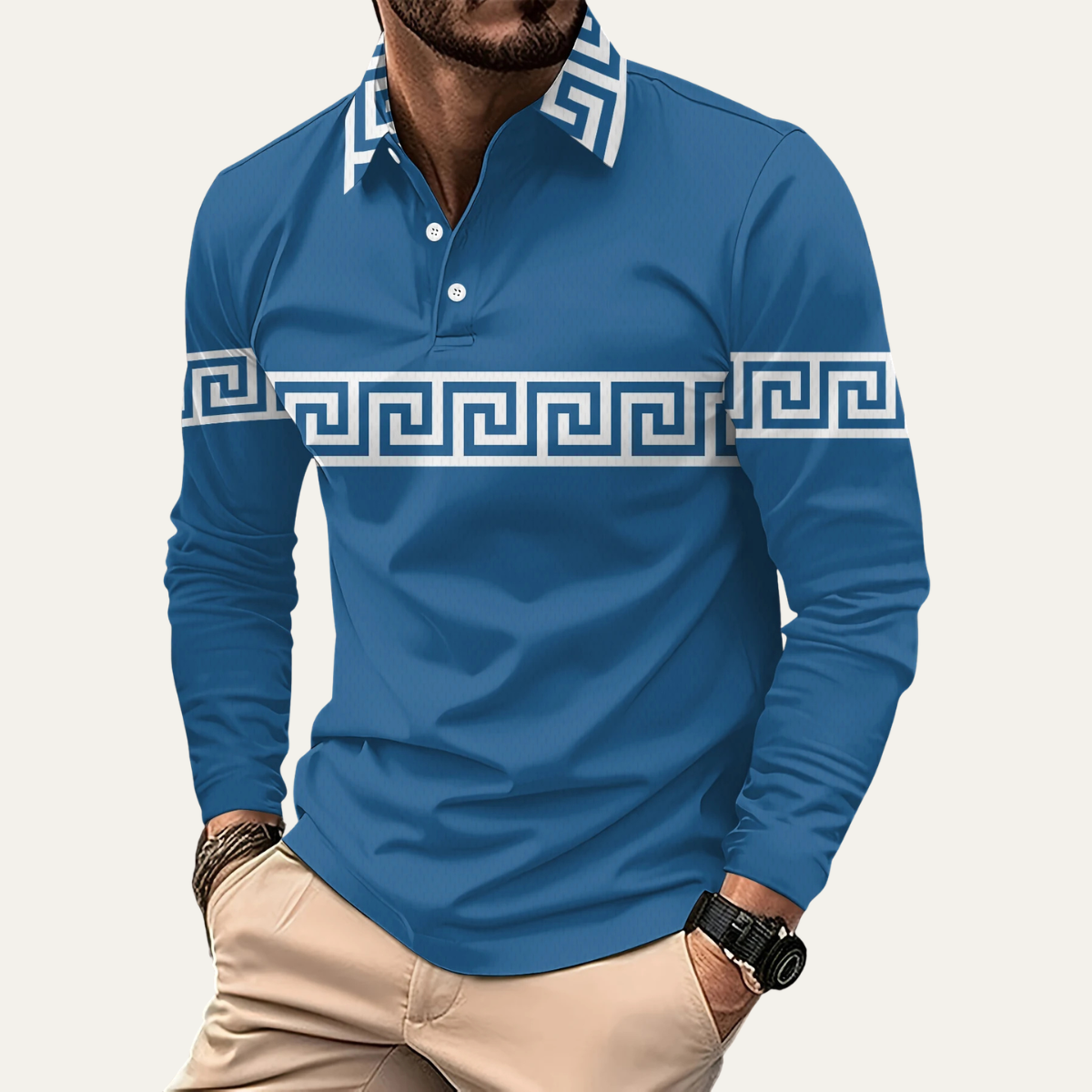 Men's Polo Shirt Greek Key Print Lightweight