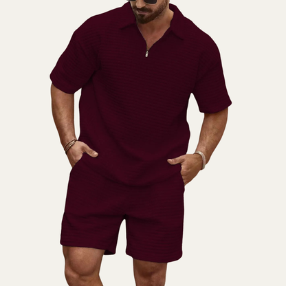 Men's Waffle Knit Polo And Shorts Set Black