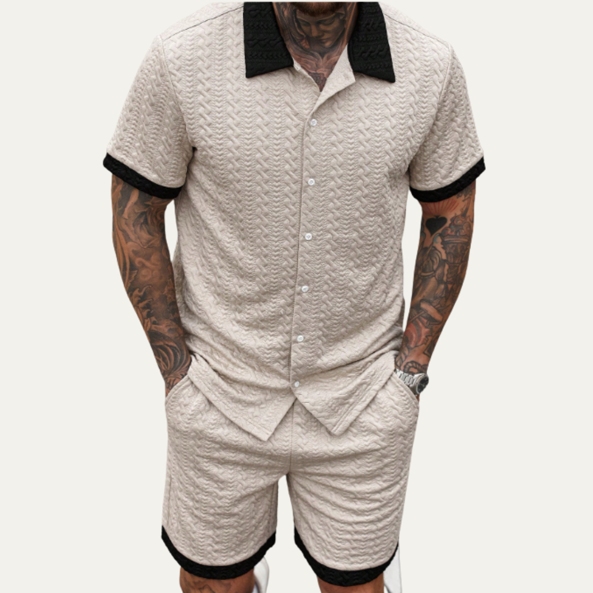 Men's Knitted Summer Shorts Set Cotton Shirt