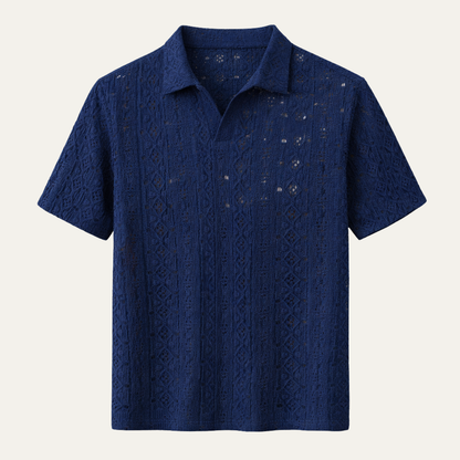 Men's Crochet Knit Polo Shirt Navy Blue - VibreMode