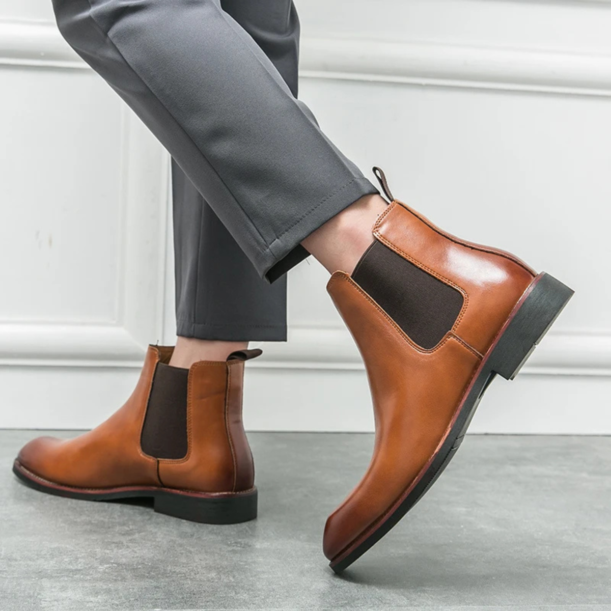 Men's Leather Chelsea Boots Rubber Sole Brown