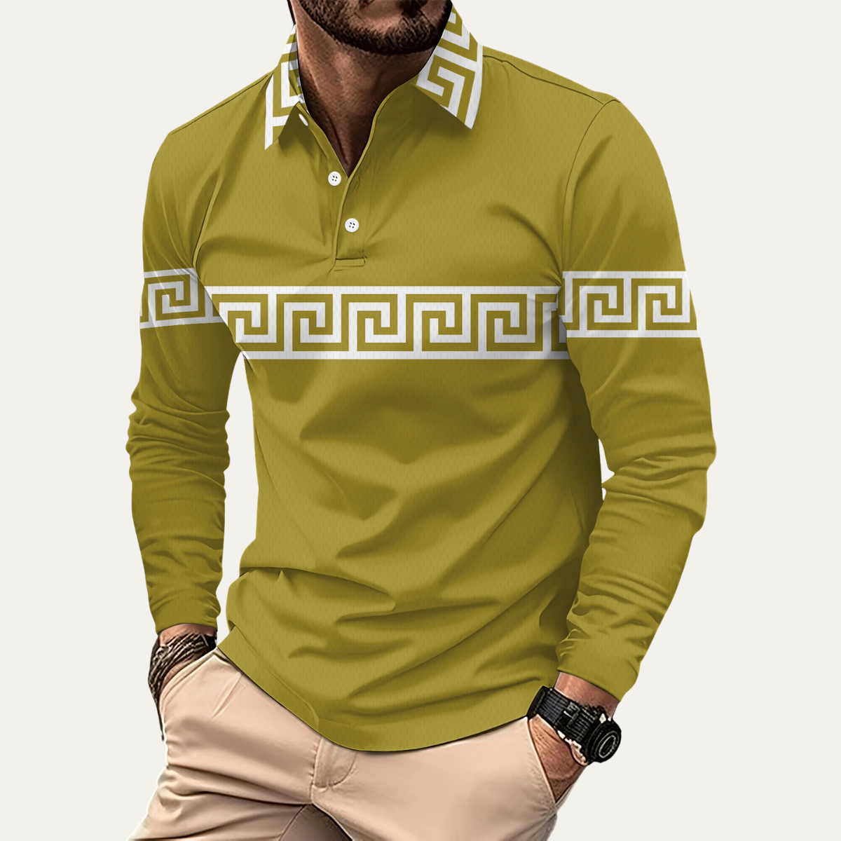 Men's Polo Shirt Greek Key Print Lightweight
