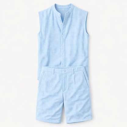 Men's Sleeveless Button Up Shirt And Shorts Set - VibreMode