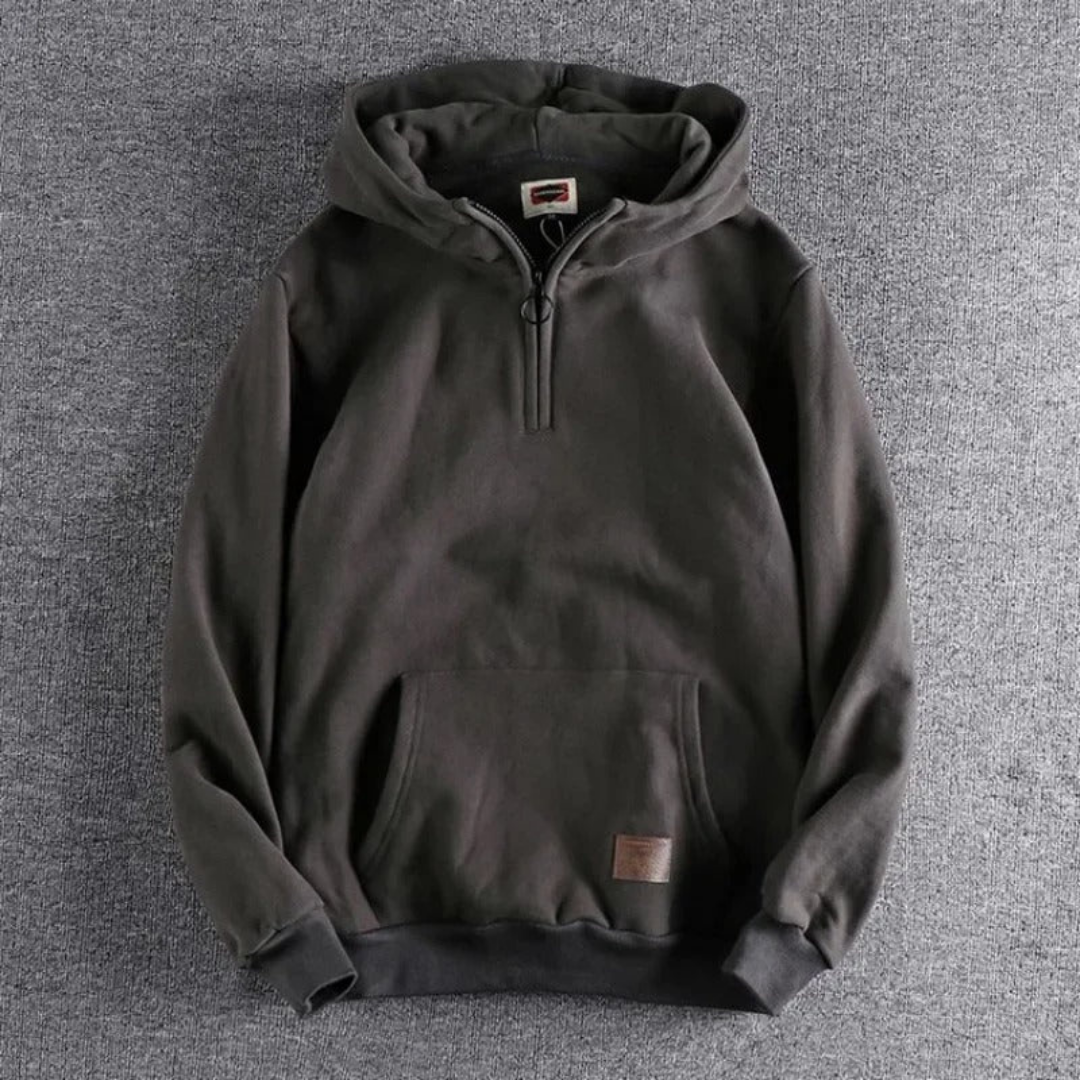 Men's Half-Zip Hoodie Kangaroo Pocket Warm Fleece Grey