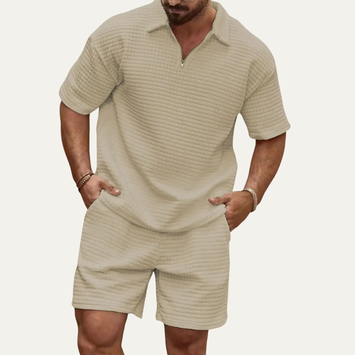 Men's Waffle Knit Polo And Shorts Set Black