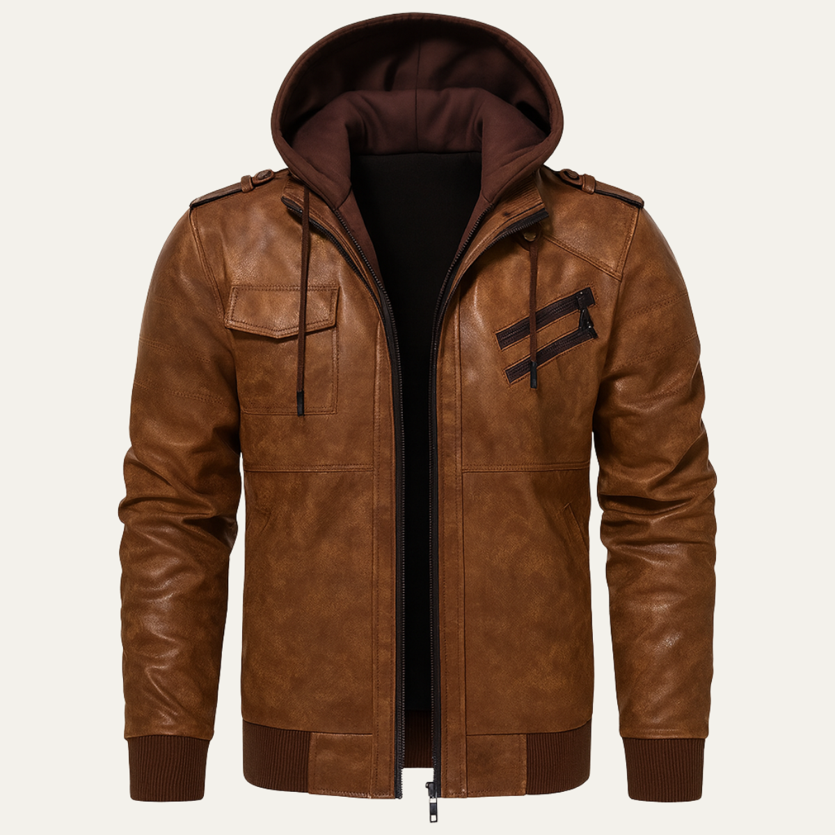 Men's Leather Biker Jacket Hooded - VibreMode