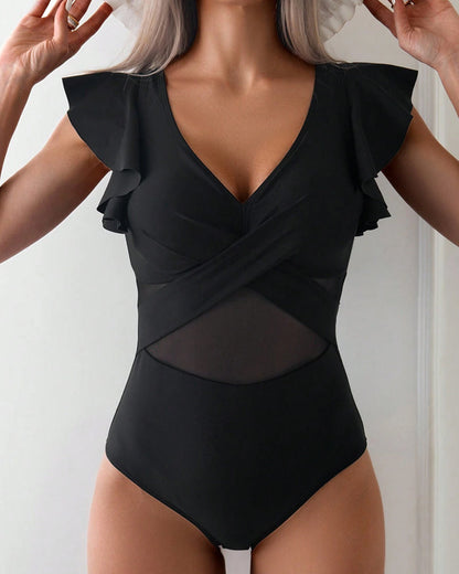 Women's One-Piece Swimsuit V-Neck Mesh Panel