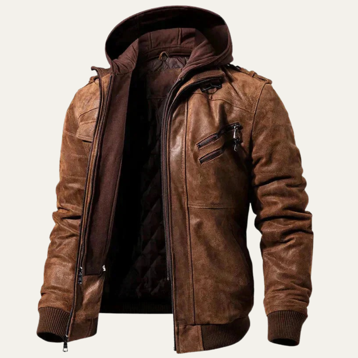 Men's Leather Biker Jacket Hooded