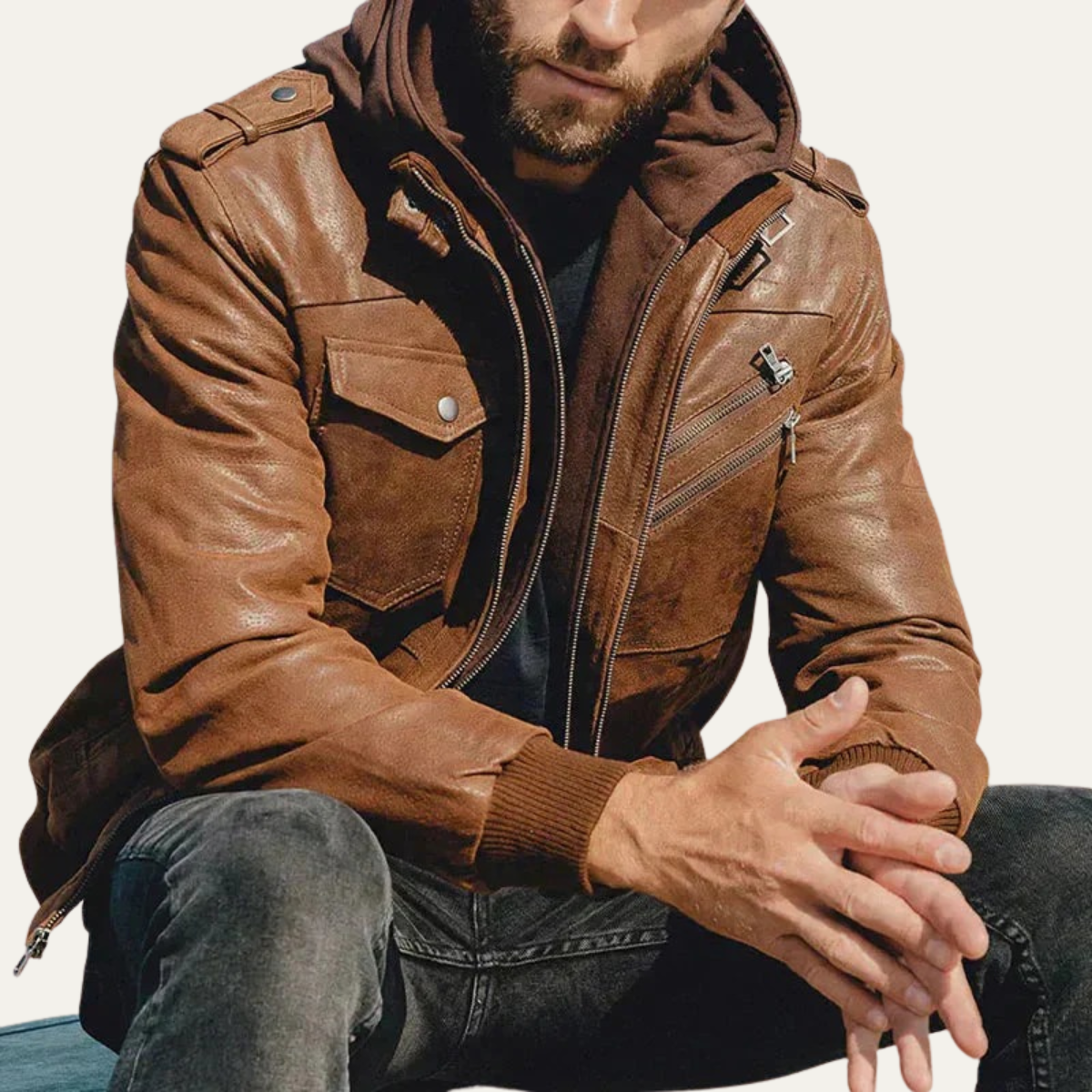 Men's Leather Biker Jacket Hooded