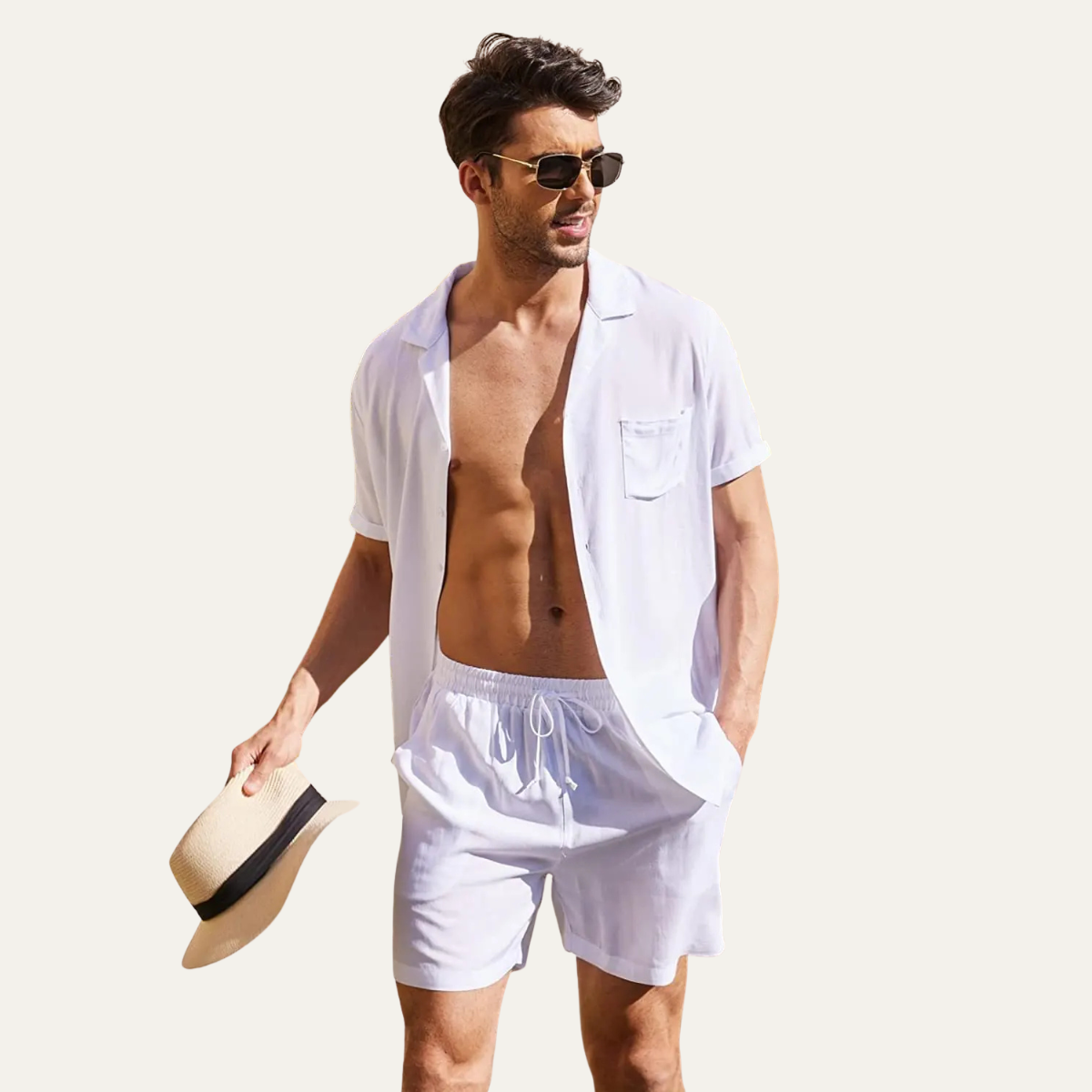 Men's Cotton Linen Shirt Shorts Set