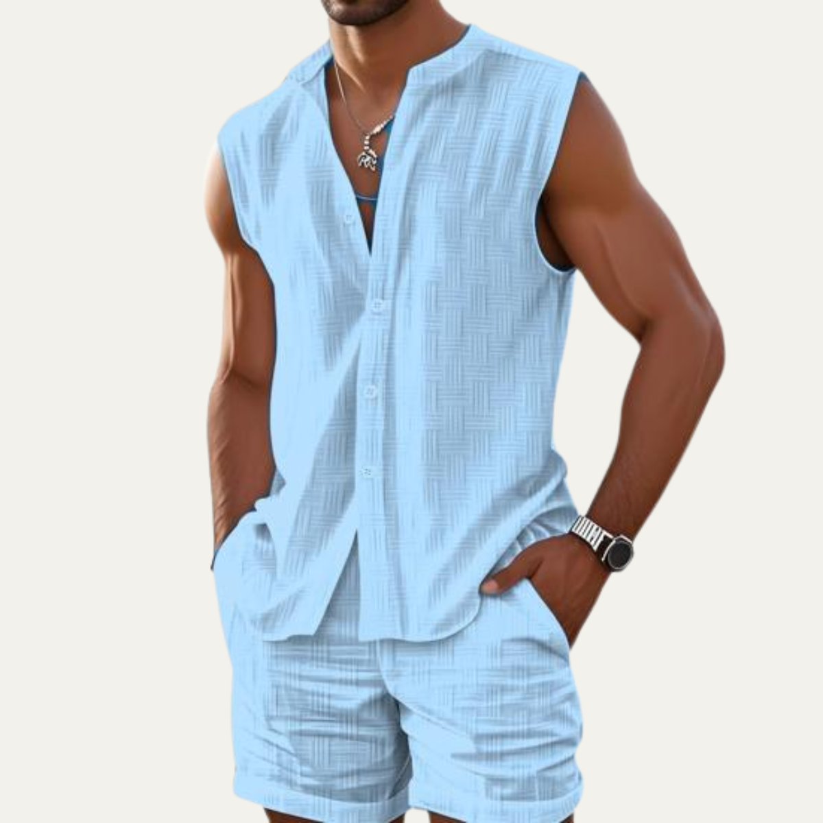 Men's Sleeveless Button Up Shirt And Shorts Set