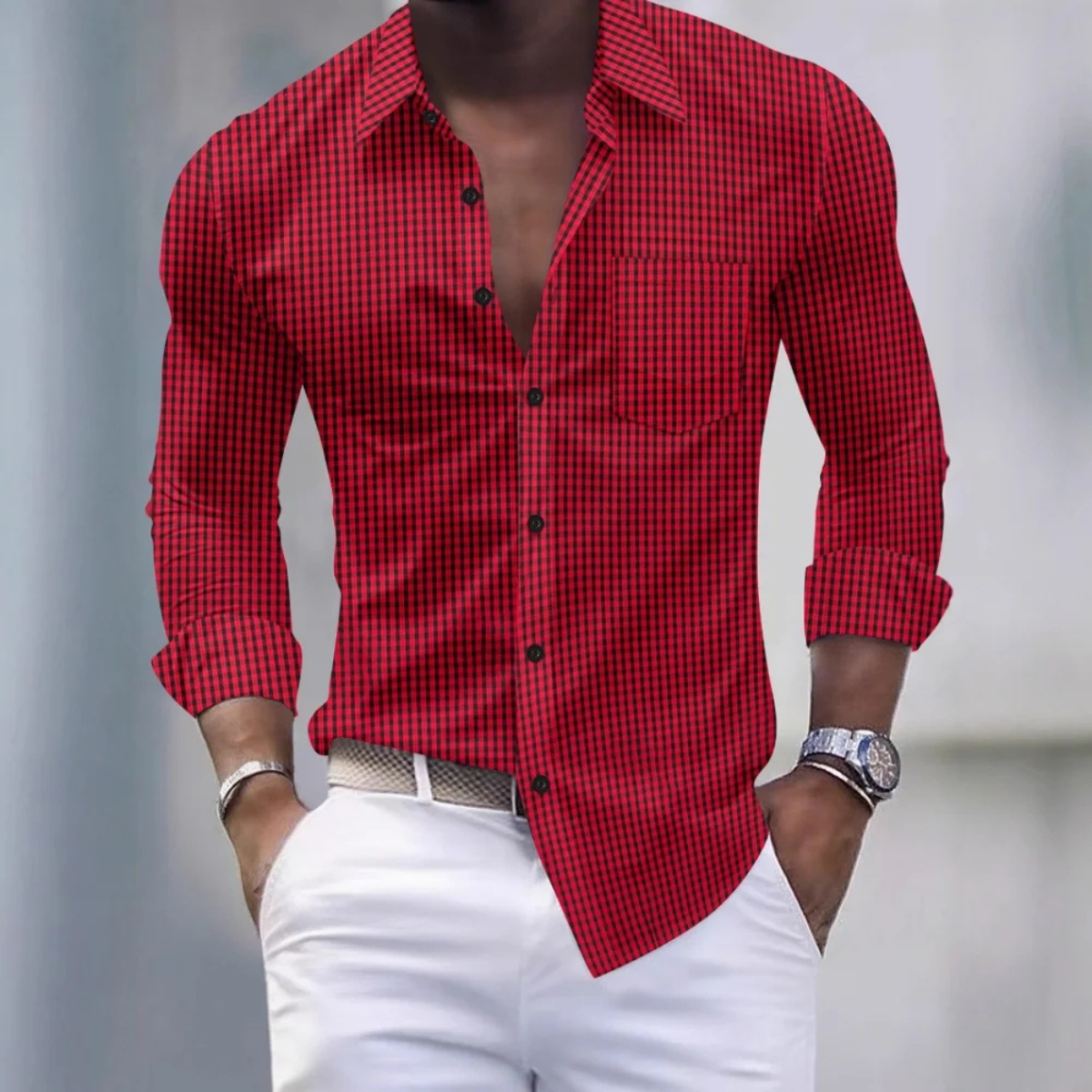 Men's Slim Fit Gingham Shirt Long Sleeve Button Down