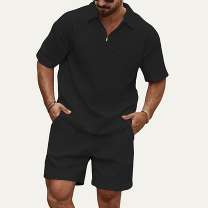 Men's Waffle Knit Polo And Shorts Set Black