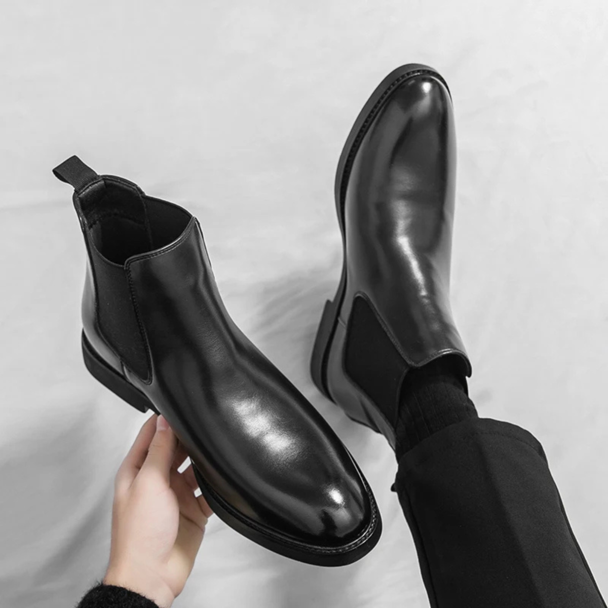 Men's Chelsea Ankle Boots Pointed Toe Leather Black