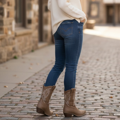 Warm Ankle Boots with Embroidery and Block Heels