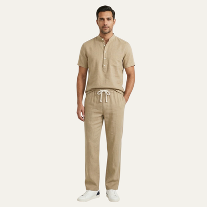 Mens Lightweight Cotton Linen Polo Shirt Pants Set